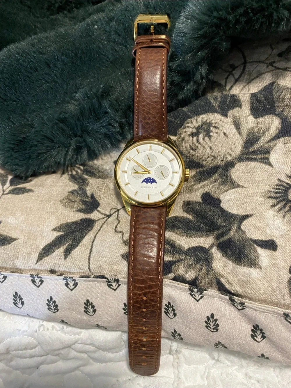 Men's Gold Case Brown Leather Watch with Moonphase